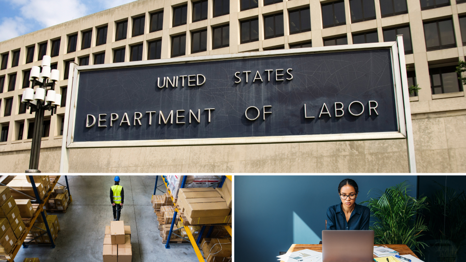 department of labor sign, warehouse worker, woman on computer