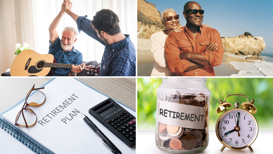 four squares  with people enjoying retirement and reminders to save money