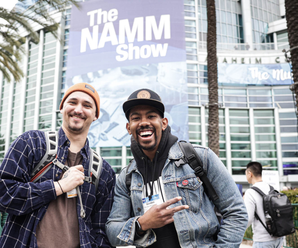 Happy guys in front of the NAMM building