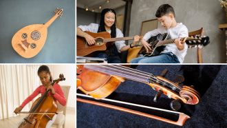 images of students playing guitars and cello 