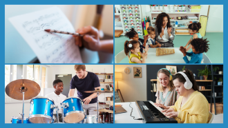 four squares with photos of a pencil and sheet music, a blue drum kit with an African American child playing with a teacher standing by and other children playing instruments.